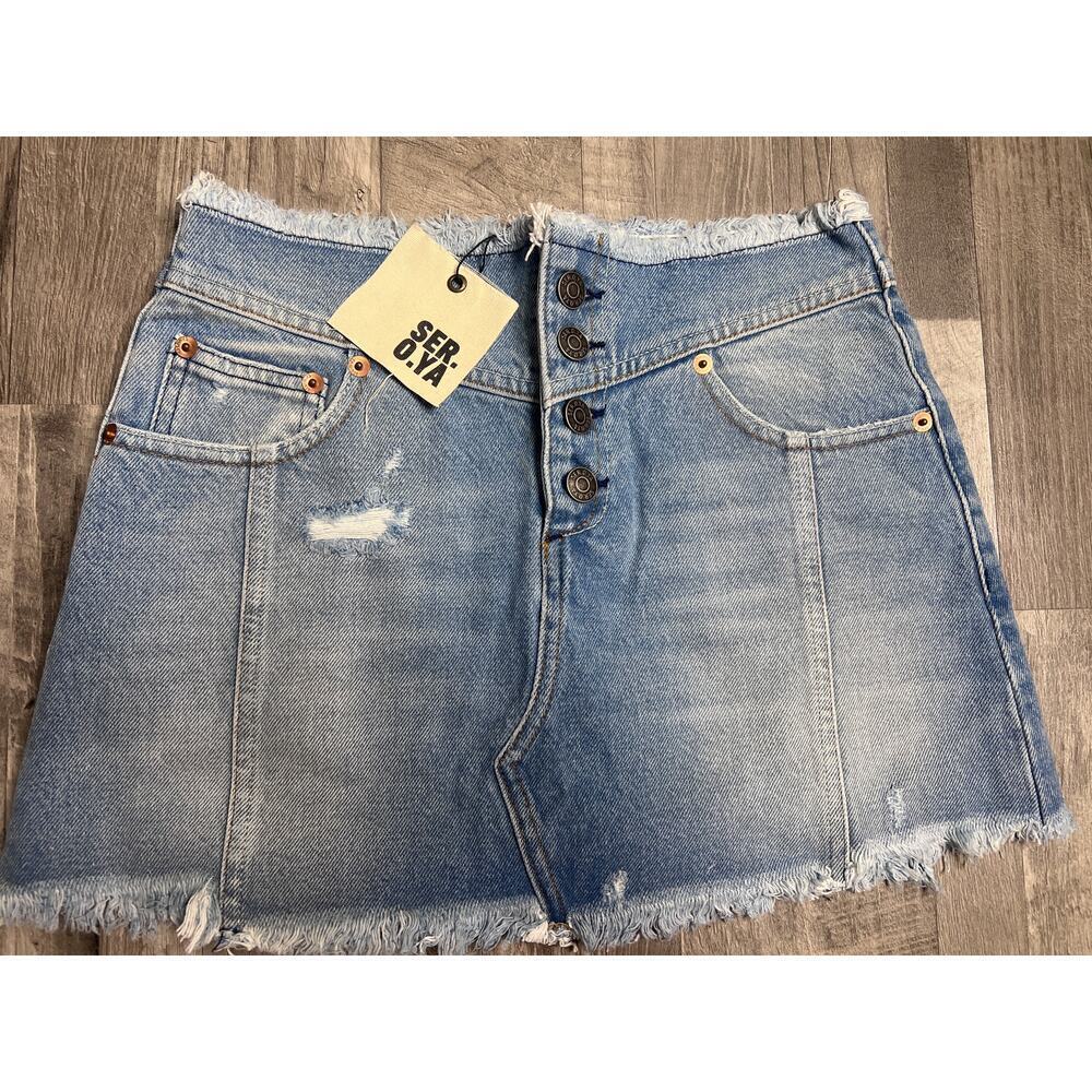 SERO.YA Denim Mini Skirt Women 24 Distressed Raw Hem Button Fly Light Wash